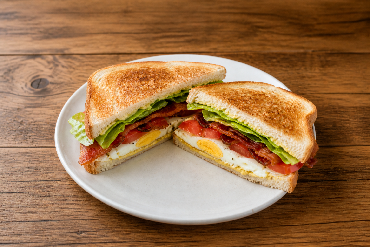 Разрезанный BLT-сэндвич с беконом, салатом, томатом и яйцом